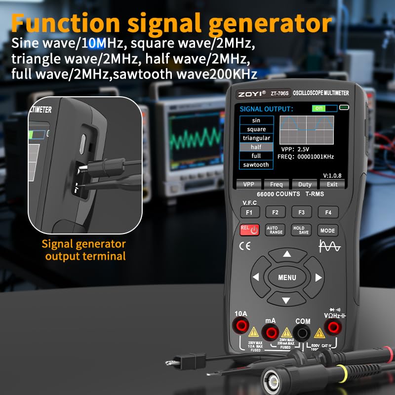 ZT-706S Multimetro oscilloscopio 3 in 1, larghezza di banda 50 MHz, display 66000 conteggi, generatore di segnale 10 m, riparazione elettricista (ZT-706S)