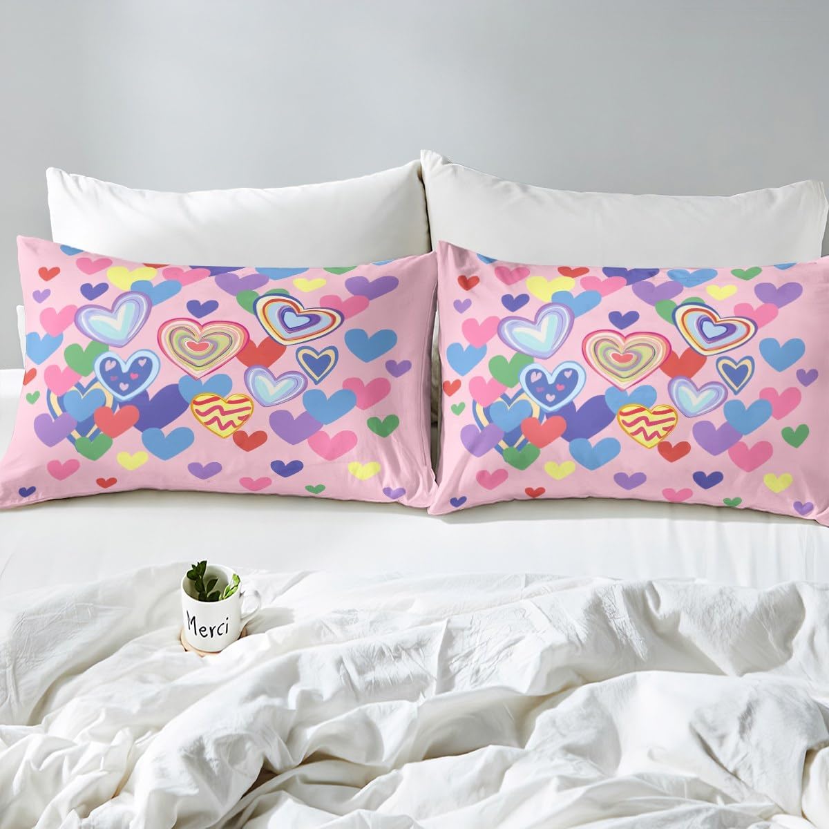Colorful Hearts Toddler Duvet Cover 2 Pcs,Cartoon Lovely Heart Graffiti Decor Bedding Sets for Kids Girls Teens,Romantic Style Valentine's Day Theme Quilt Cover with 1 Pillowcase,No Comforter