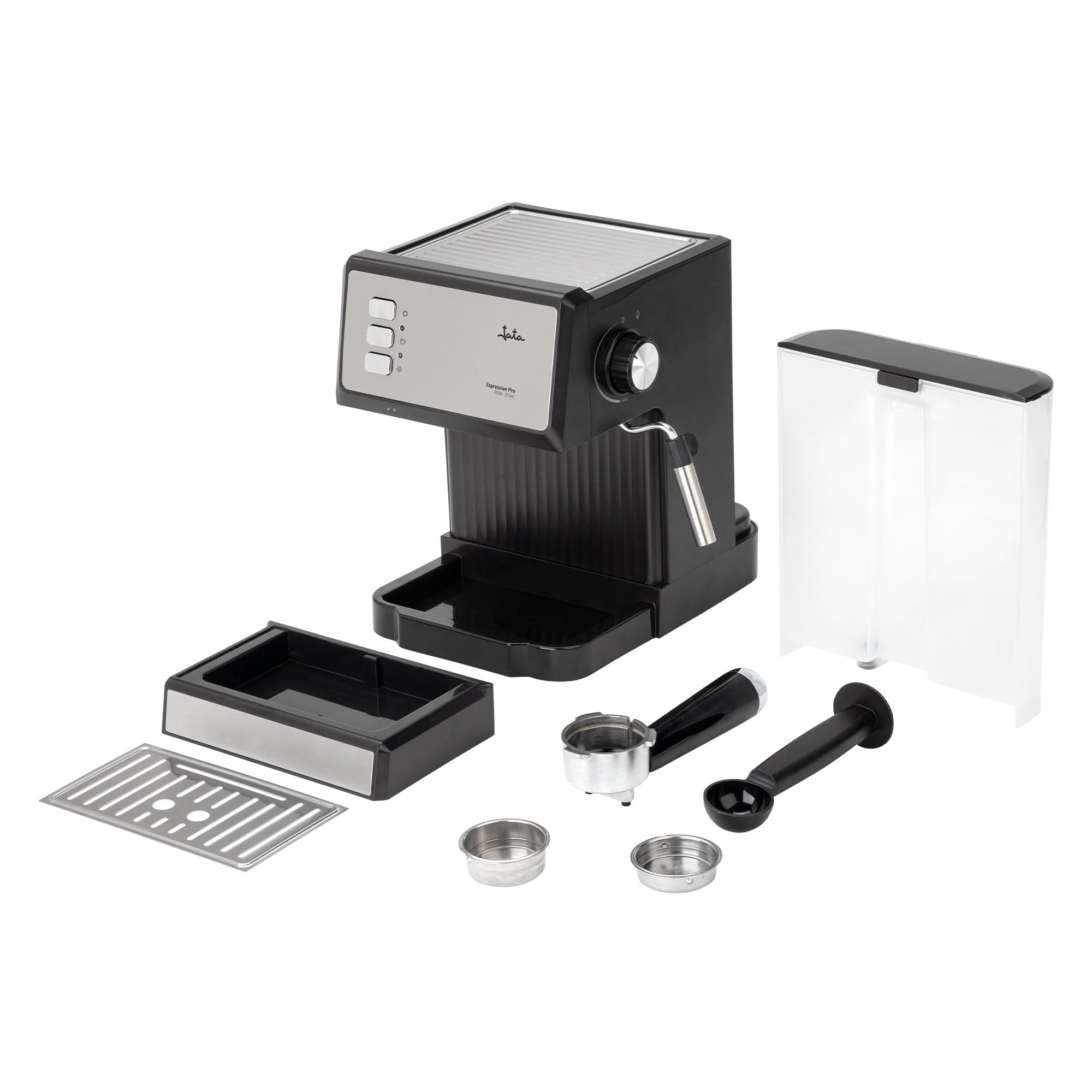JATA JECA2525 - Cafetera express 20 bares 850 W | Brazo con doble salida y filtro para 1 o 2 cafés | Vaporizador para espumar leche y hacer cappuccinos | Calienta tazas | Depósito extraíble 1,8 L