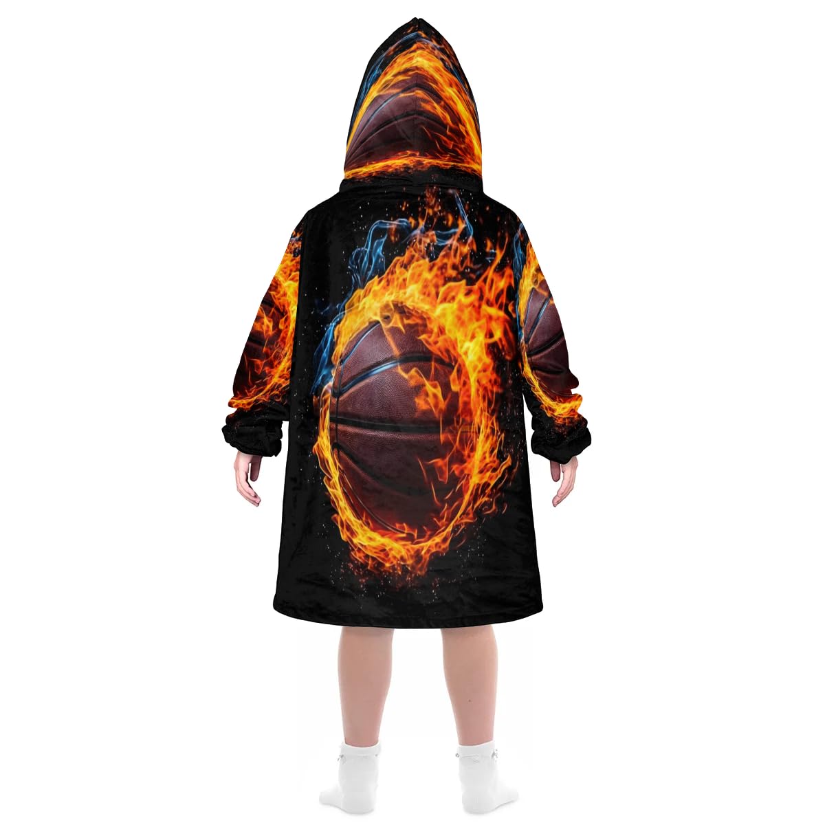 Kids Blanket Hoodie Sports Basketball Fire Wearable Blanket Hoodie Oversized Hooded Blanket, Sweatshirt Blanket with Pockets Soft Warm Kids Hooded Blanket for Girls, Boys