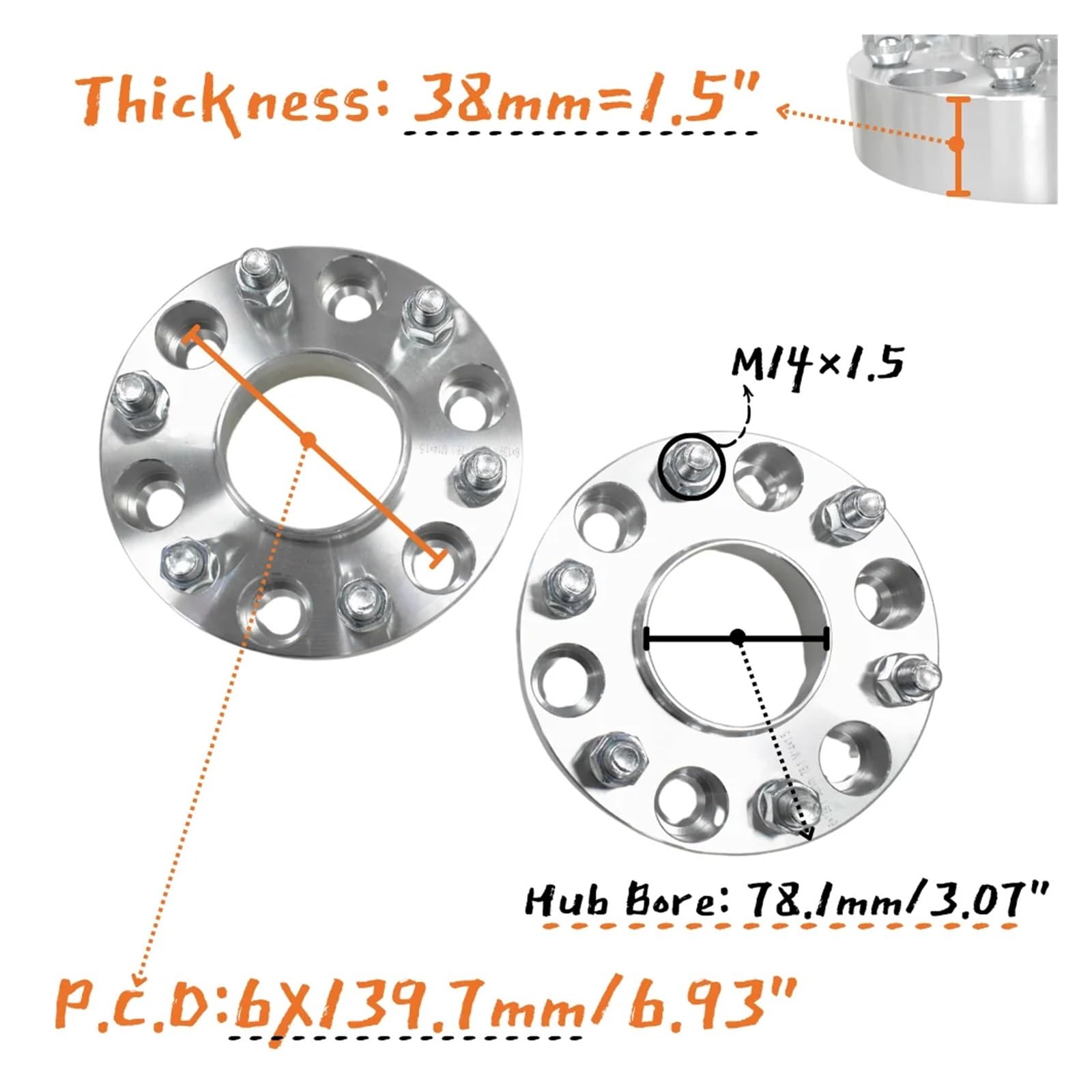 Adattatore per distanziali ruota auto 8 MILLIMETRI/1.5 "PCD 6X139.7 Foro del Mozzo 78.1 MILLIMETRI M14X1. per Chevrolet per Suburban per GMC per Yukon per Sierra