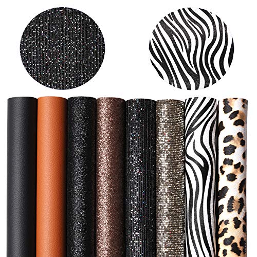 Picheng Kunstleder-Blätter, 8 Stück/Set, 20,3 x 30,5 cm, solide Litschi- und Glitzer- und Zebra- und Leopardenmuster, für Leder-Ohrringe, Bastelprojekte (schwarz und braun) Cover