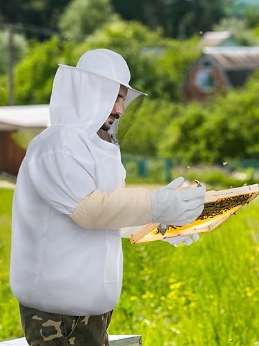 Miniatura 8 de Chaqueta profesional de apicultor con guantes de piel de cabra, chaqueta protectora de apicultura de primera calidad con capucha de velo de esgrima,