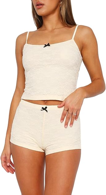 Women Lace Pajamas Set Backless Crop Top Camisole and Low Rise Shorts 2 Piece Lounge Sets Sleepwear