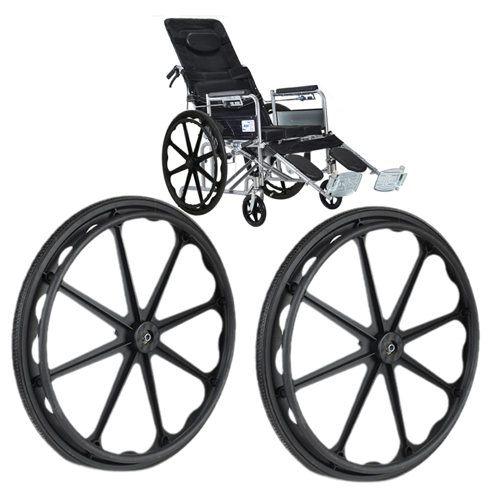 Ruedas traseras para Silla de Ruedas Manual de 24 Pulgadas (2), Ruedas de Repuesto de Nailon Resistentes y Grandes para sillas de Ruedas, ID 12 mm, Antideslizantes, con pasamanos, Color Negro