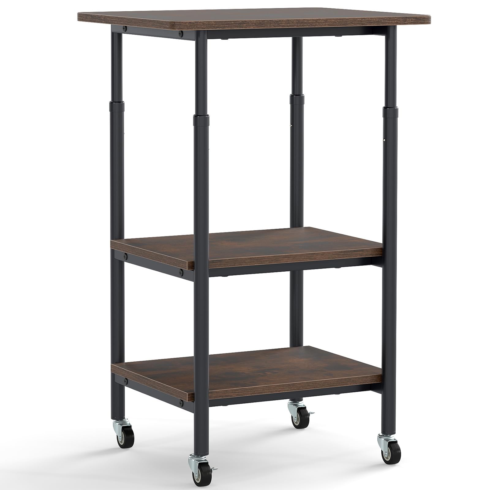 FANTASK Mesa de impresora ajustable en altura con ruedas bloqueables, mesa auxiliar de 3 niveles estrecha con ruedas, carrito de almacenamiento portátil para impresora 3D, fax 49 x 40 x 77 cm (marrón)