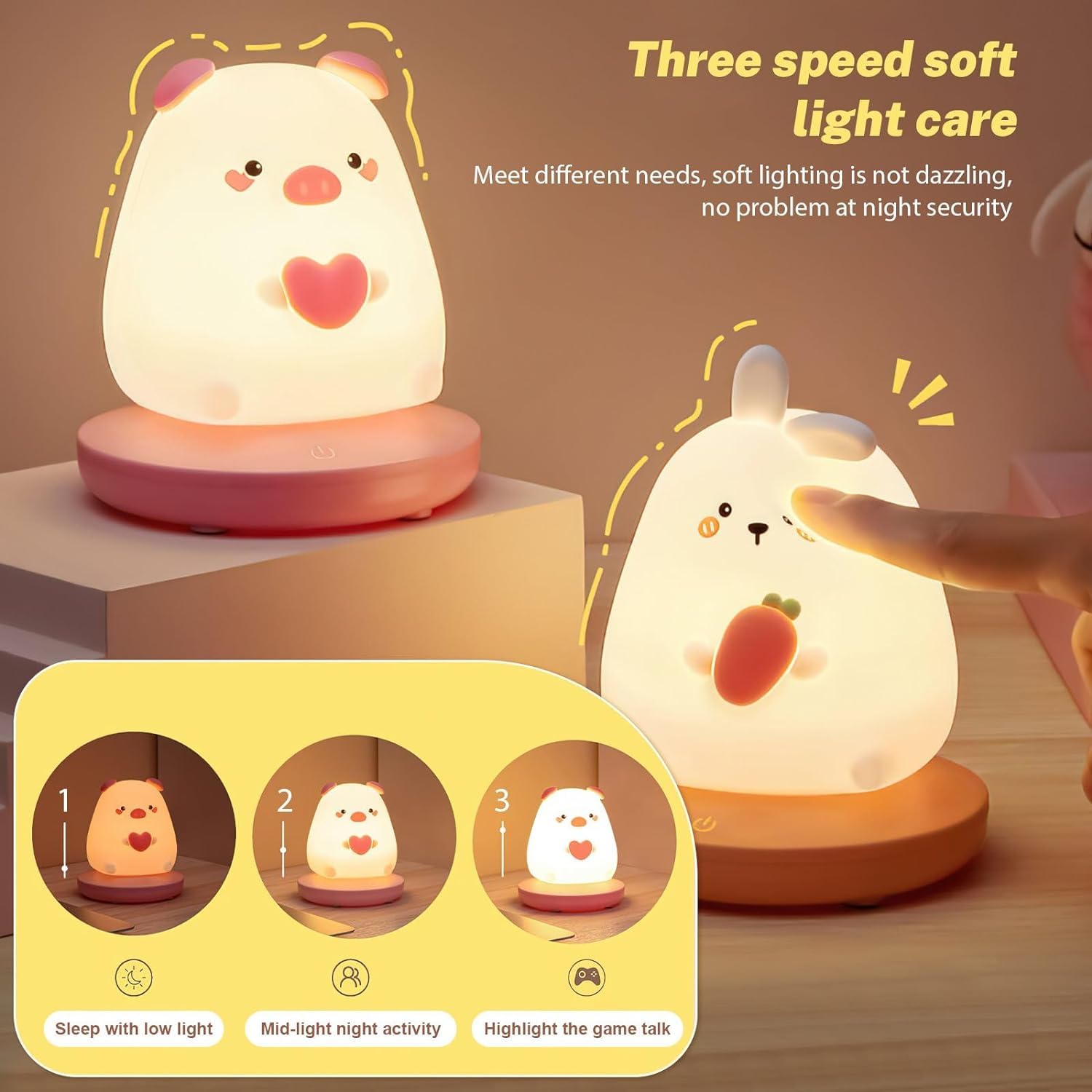 Luz nocturna de animales, linda lámpara de silicona for niños, luz nocturna de silicona suave, luz nocturna for niños, lámpara táctil LED USB, decoración de dormitorio for niños como regalo de cumplea