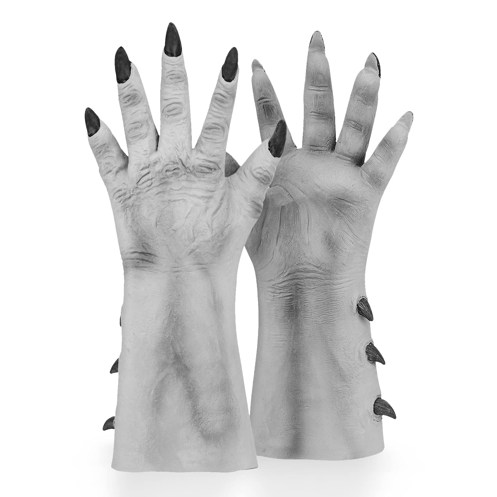 FakeFace Horrific Halloween Demon Gloves Scary Hairy Claw Hand Gloves with Long Nails Werewolf Zombie Devil Monster Witch Cosplay Costume Accessory for Theme Party Haunted House (Grey Long, One Size)
