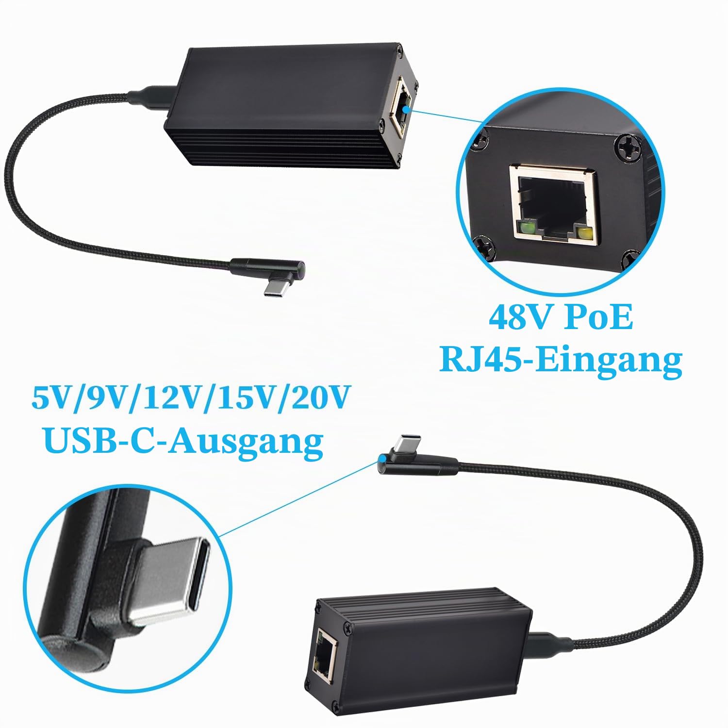 PoE 2.5G zu USB-C Adapter, Typ-C Ausgangsleistung und Ethernet 2 in 1, 20V 45W Max Ladeleistung und 2.5Gbps Geschwindigkeit für Phone/Tablet/Laptop, IEEE802.3af/at konform (2.5GPD2CBT-20V)