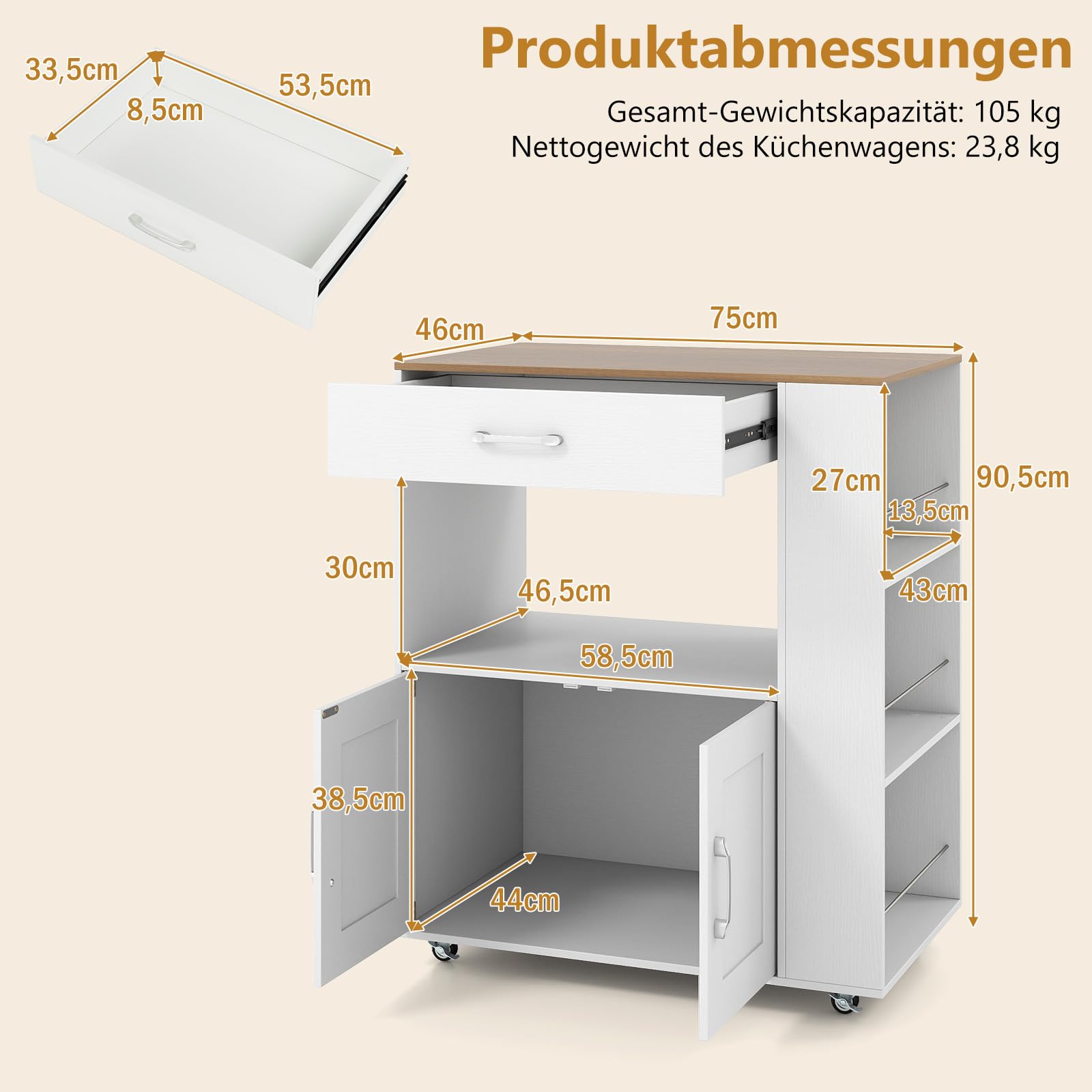 GIANTEX Küchenwagen mit Rollen, Servierwagen mit Arbeitsplatte, 75x46x90,5 cm, Weiß