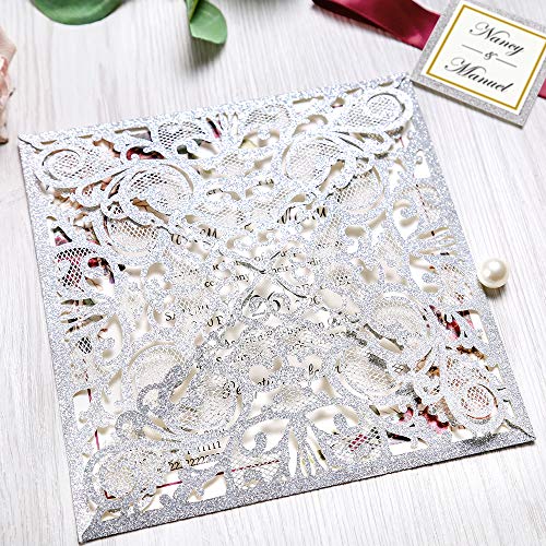 DreamBuilt 6.3 X 6.3 Inch 50PCS Personalized Silver Glitter Laser Cut Wedding Invitations With Envelopes Hollow Rose Pocket With Burgundy Ribbon Belly Band Wedding Invitation Cards For Wedding Invite