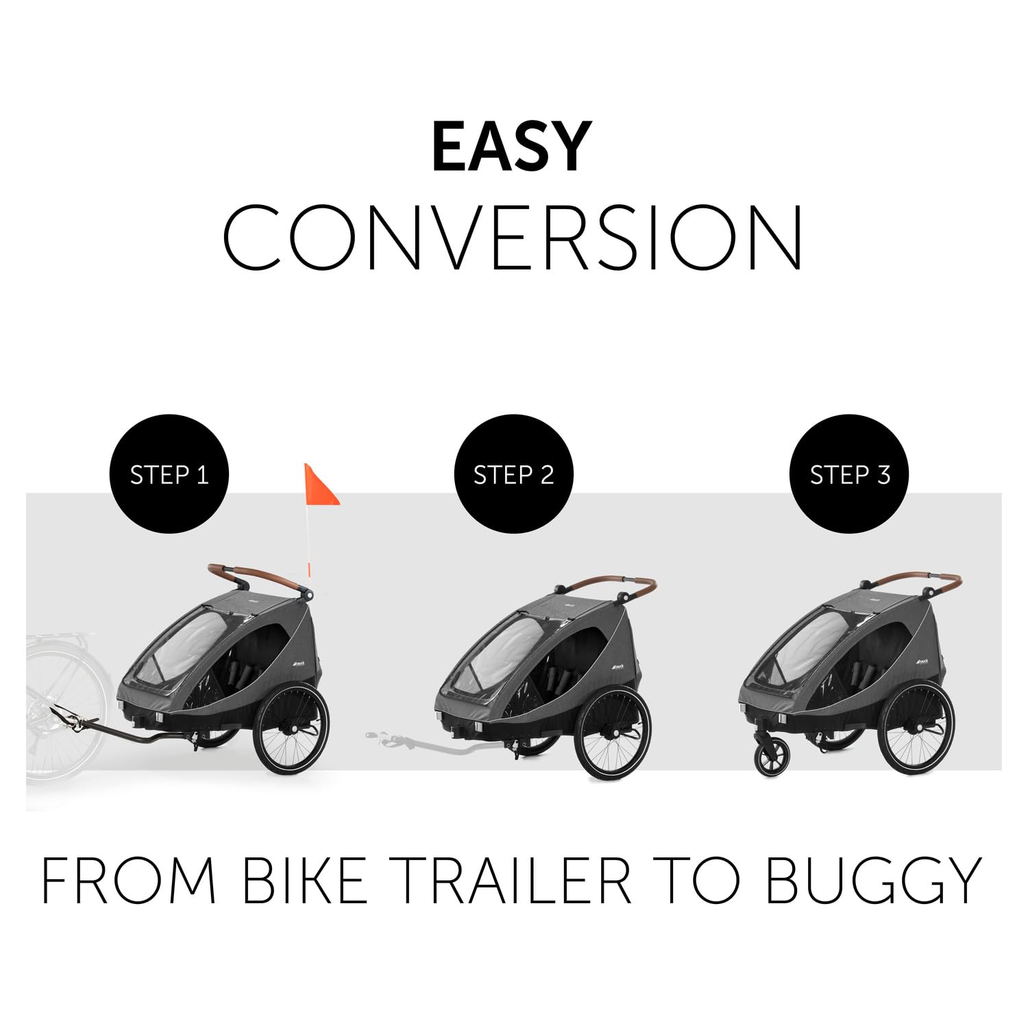 hauck Rimorchio Bici Bambini e Passeggino Dryk Duo - Da 6 Mesi a 120 cm o 22kg - Carrello Bicicletta Rimorchio con Gancio Traino, Ruota, Bandiera, Luce - Pieghevole, Portaoggetti XL - Grigio melange