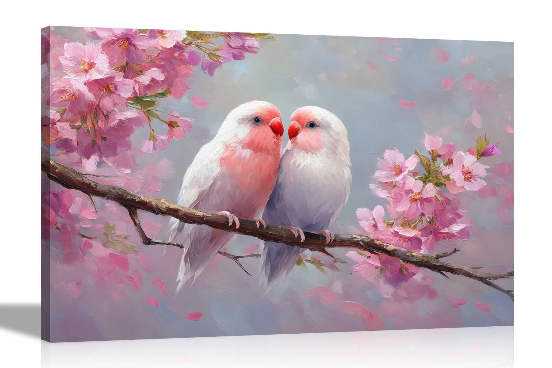 Artley Prints - Exotic Parrots on Pink Blossom Branch Canvas Wall Prints Home Decor Art Living Room Bedroom Bird Pictures 101 x 76cm (40 x 30 inches)
