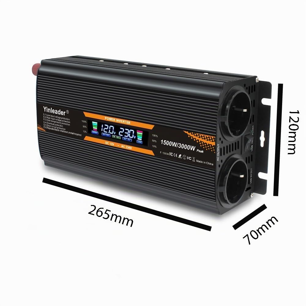 Yinleader Convertisseur 12V 24V à 220V 230V 1500W (3000W Crête), Onduleur Voiture Camion Auto-Détection avec 2 Prises EU, Écran LCD, USB, Idéal pour Camping-Car et Voyage
