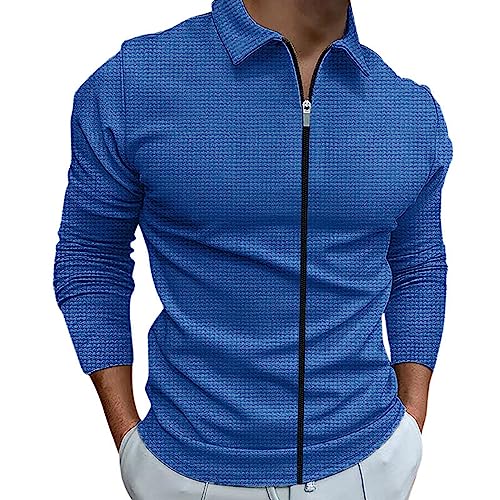 Mens Waffle Long Sleeve Shirt Full Zip Up Casual Sweater Solid Color Checkered 3D Texture Basics Shirt2