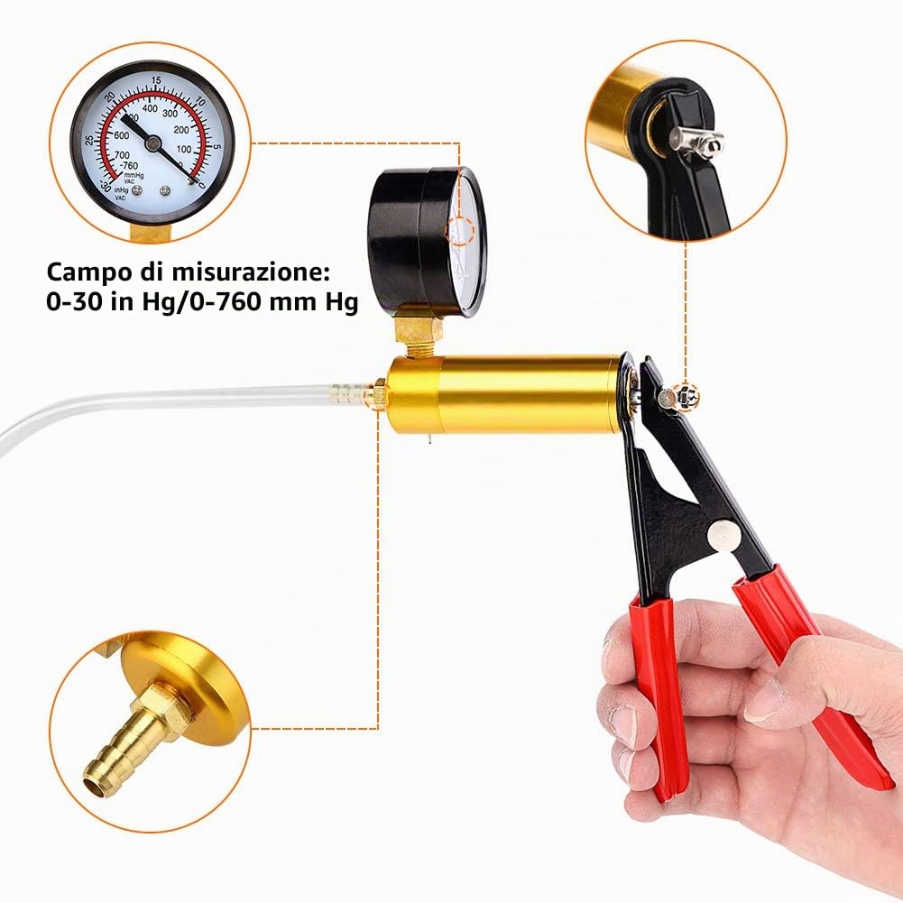 Kit spurgo Freni Pompa per Freni Tester per Pompa a Vuoto Manuale Portatile con Adattatori, Strumento di spurgo Liquido Freni per Automobili e Motocicli Spurgo Freni Auto Spurgo Frizione Tester