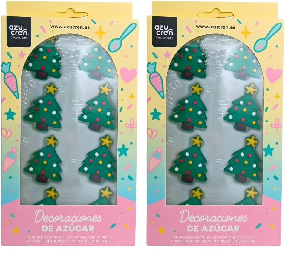 Azucren, Decoracion de Reposteria de Navidad, Figuras de Azucar para Decoracion de Galletas, Cupcakes o Tartas con Motivo Navdieño, 90 G (Arbol de Navidad) (Paquete de 2)