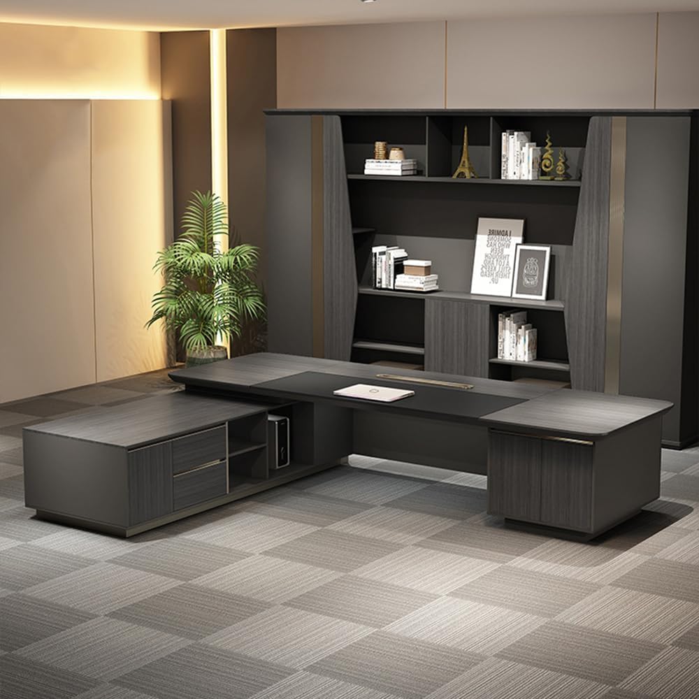 94" L-Shaped Executive Desk with Drawers, Modern Large Business Home Office Desk Built-in Cable Box Wide Desktop Management Working Table for Boss, Business Owners