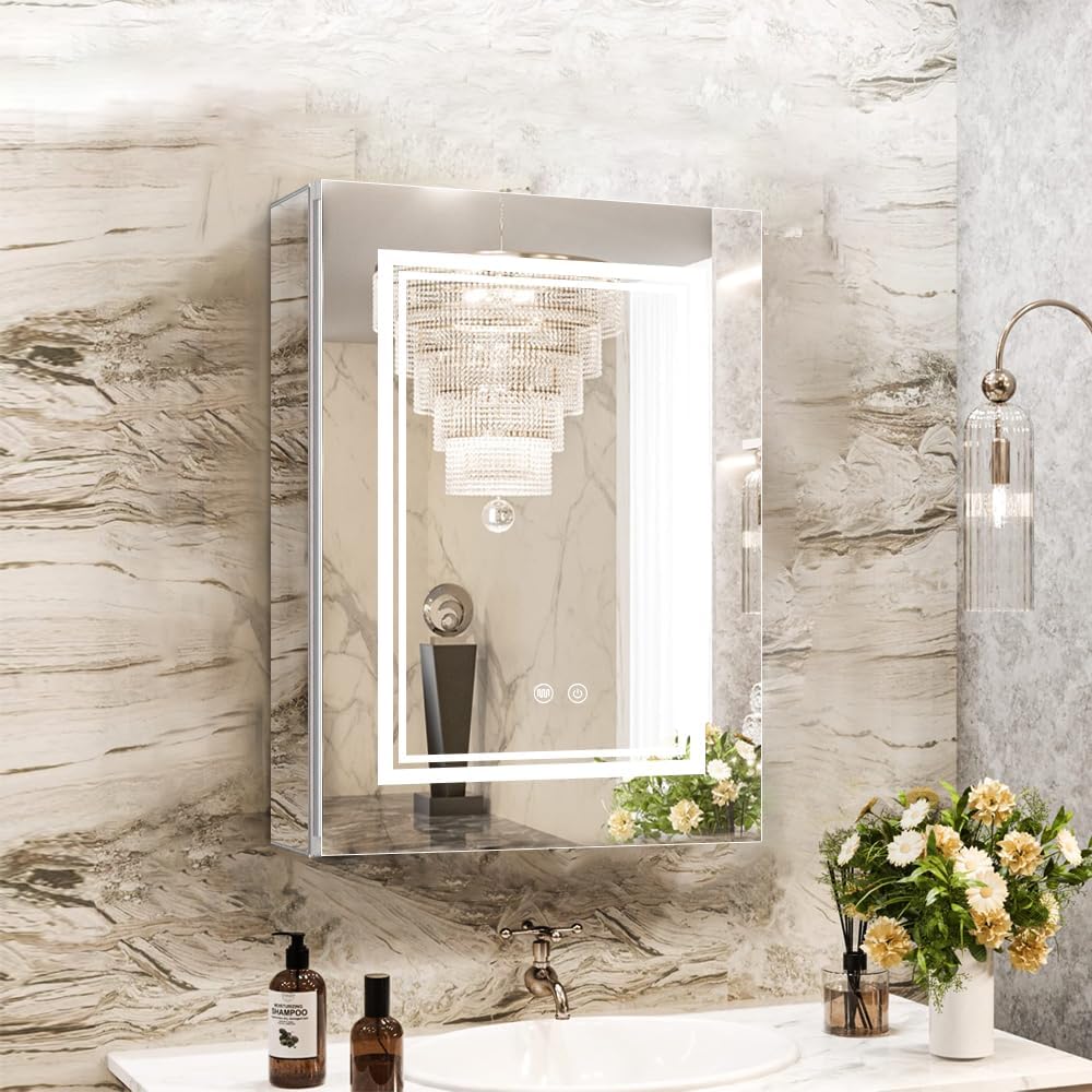 High-End Led Medicine Cabinet,Lighted Medicine Cabinet,3 Colors&Dimmable,Demister,Lighted Glass Shelf,USB Shaver Socket.Surface Mount or Recess Mount,16×24inch