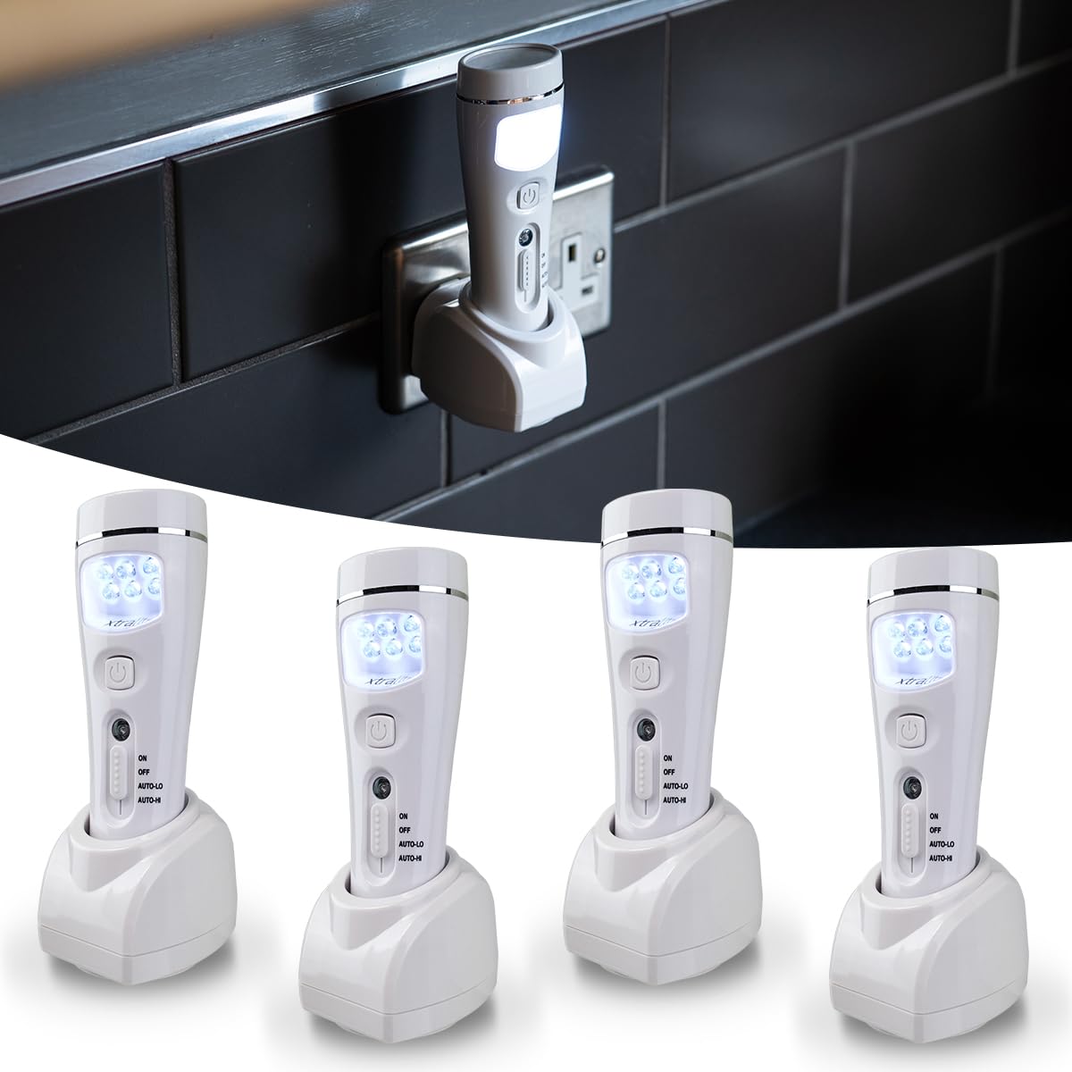 Xtralite NiteSafe Maxi Rechargeable Night Light - 4 Function LED Nightlight, Power Failure Light, Torch and Work Light - Four Pack