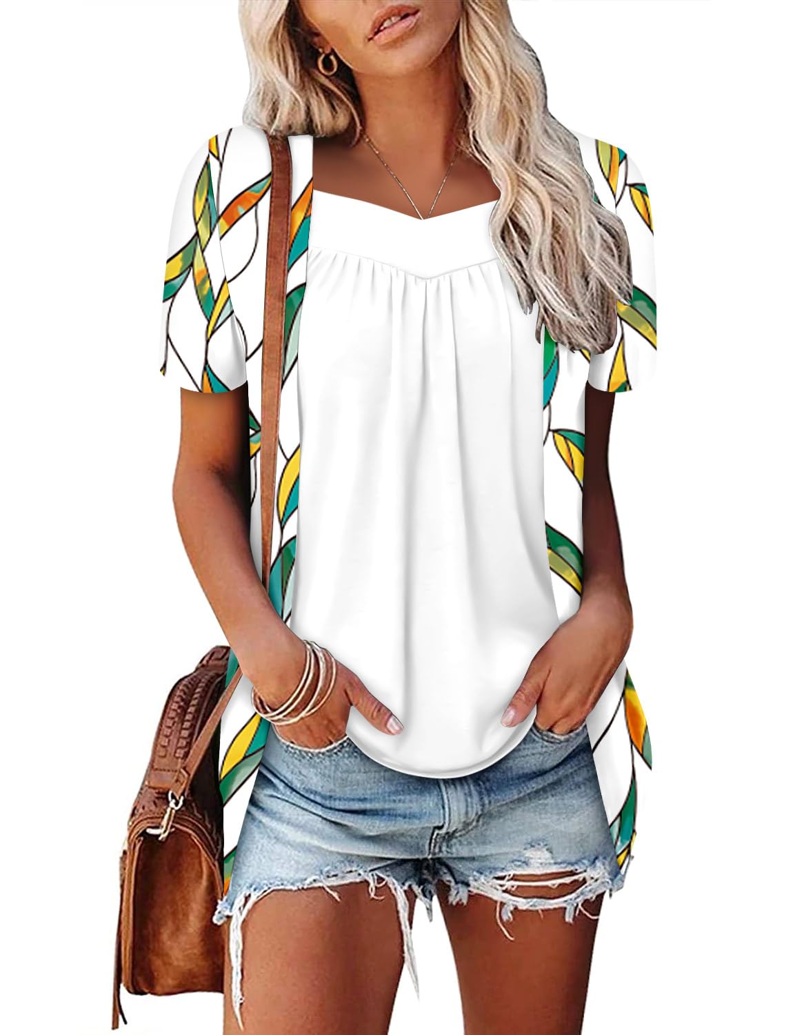 ONLYSHE Womens Shirts Cute Summer Lightweight Tunic Flowy Tops Short Sleeve Blouse Dressy Casual