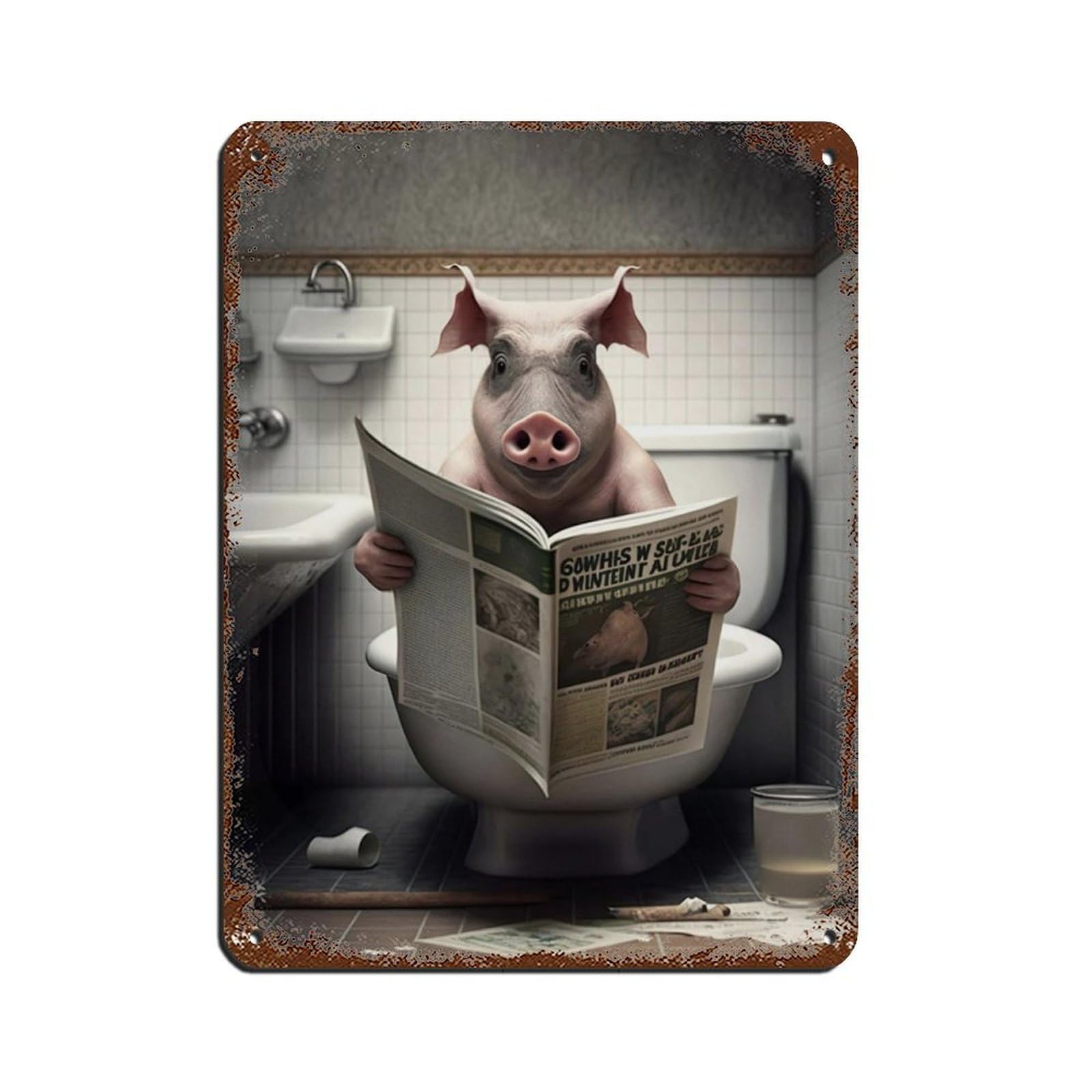 Pig Sitting on The Toilet Reading A Newspaper (2) Retro Poster Metal Tin Sign Chic Art Retro Iron Painting Bar People Cave Cafe Family Garage Poster Wall Decoration 12x16inch(30x40cm)