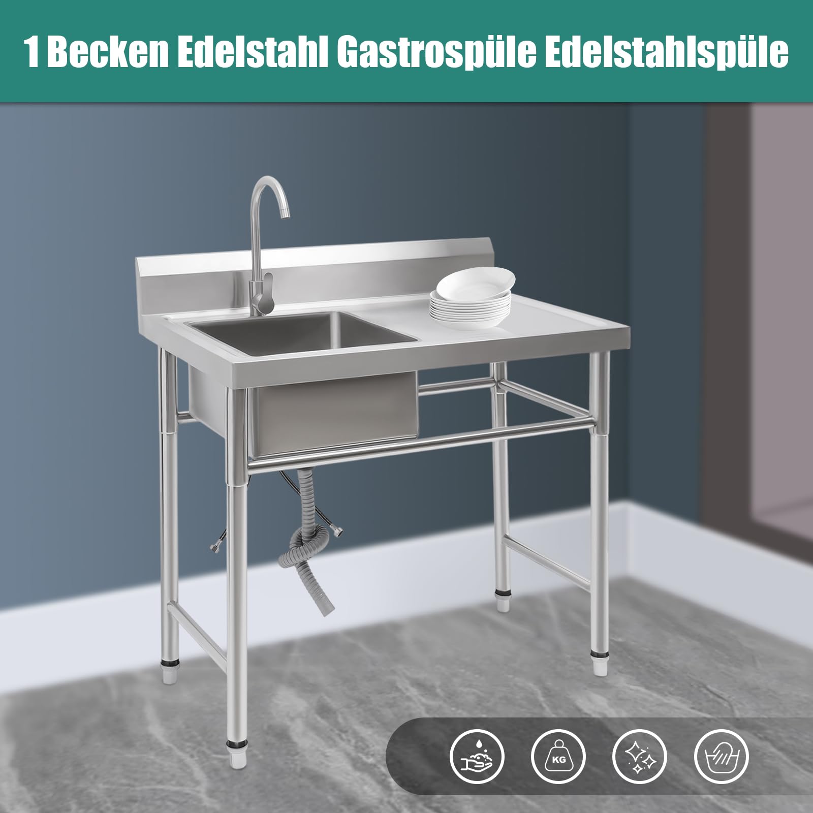 Spülbecken Edelstahl Küche Spülbecken Organizer, Edelstahl Arbeitstisch Küche mit Spüle und Armatur, Spülbecken Mobile für Außen Innen Garten Freistehend 100x60x93cm