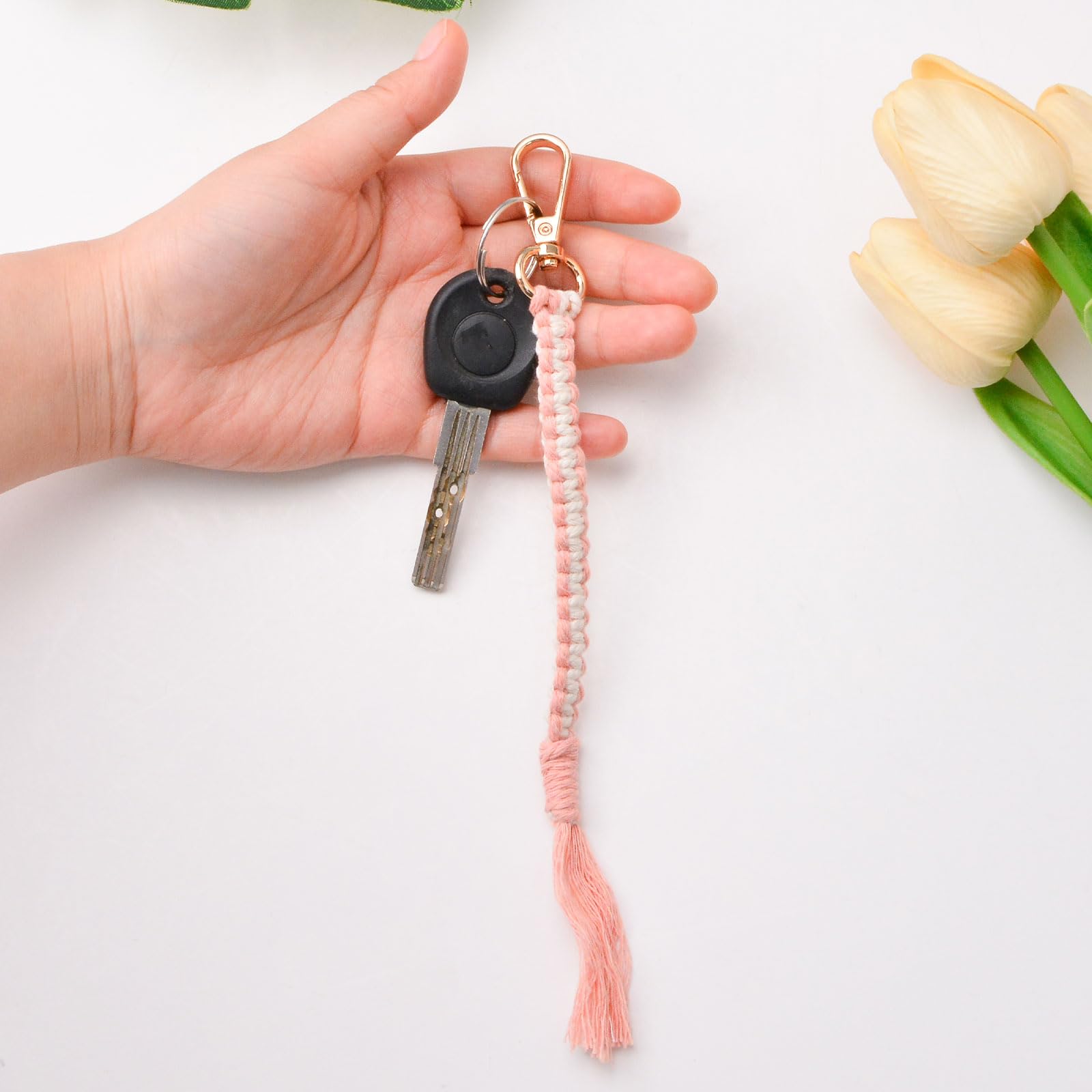 Kit De 6 Porte-clés En Macramé à Faire Soi-même - 3 Couleurs, Motif Rhombique - Pour Sac, Téléphone, Portefeuille