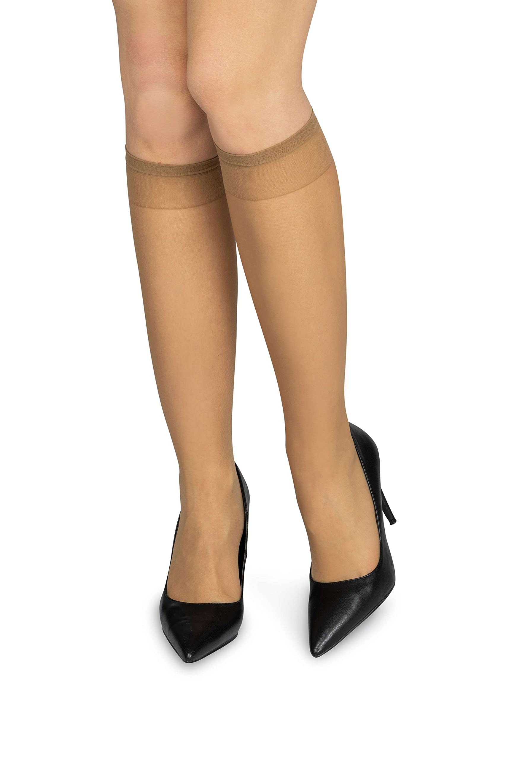 NOQ Women Socks Knee-Highs Plain 15 DEN Casual Style Pressure-Free Semi-Matte Transparent Ladies Knee Socks with Comfort Top Two Pairs One Size, Miele