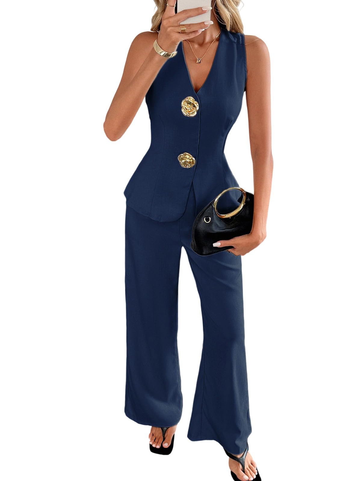 Womens 2 Piece Dressy Sets Straight Wide Leg Pants Slim Vest Business Suits Office Outfits for Women