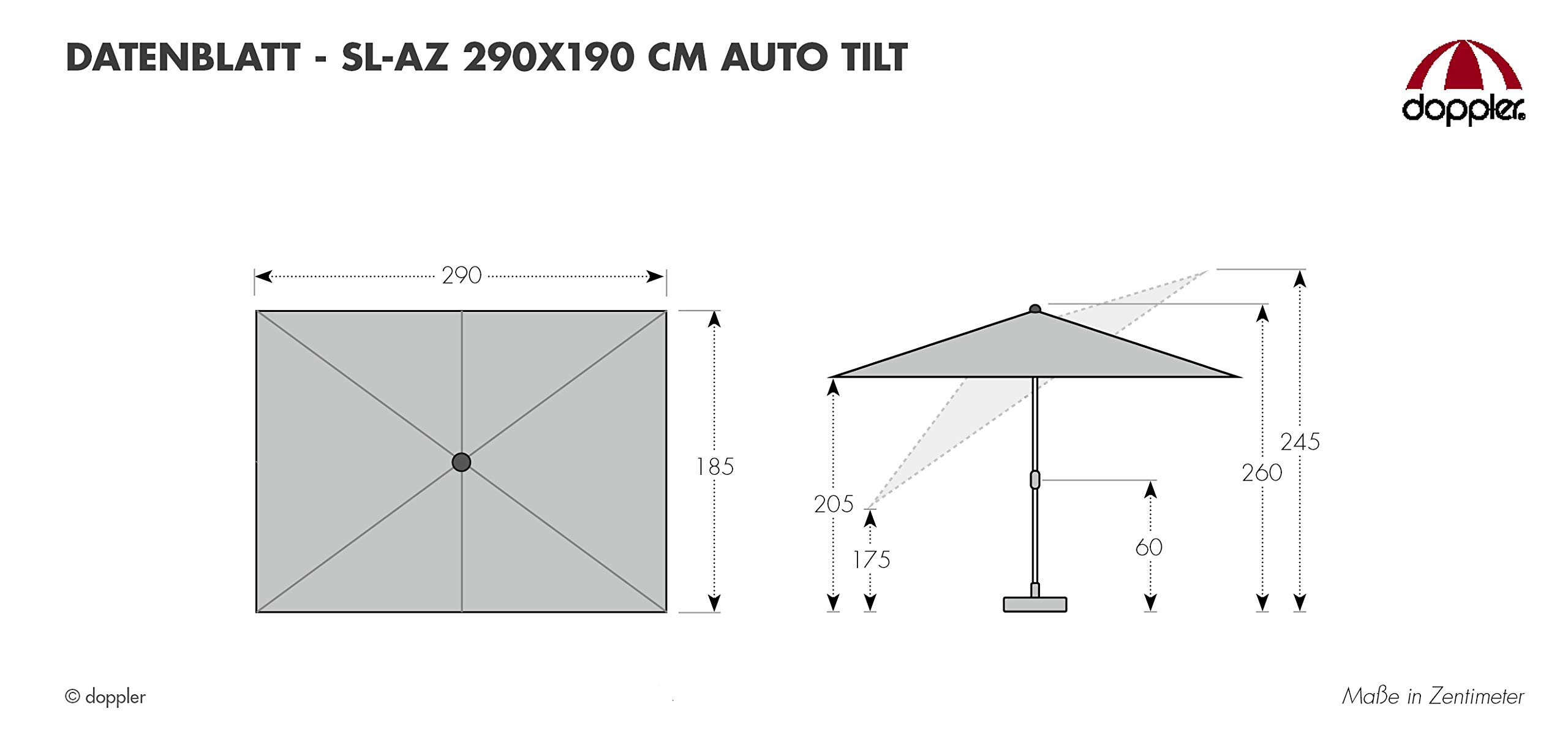 Doppler Aluminiowy parasol przeciwsłoneczny SL-AZ 190 x 290 – prostokątna ochrona przed słońcem na balkon/taras – zginany – 190 x 290 cm – antracyt