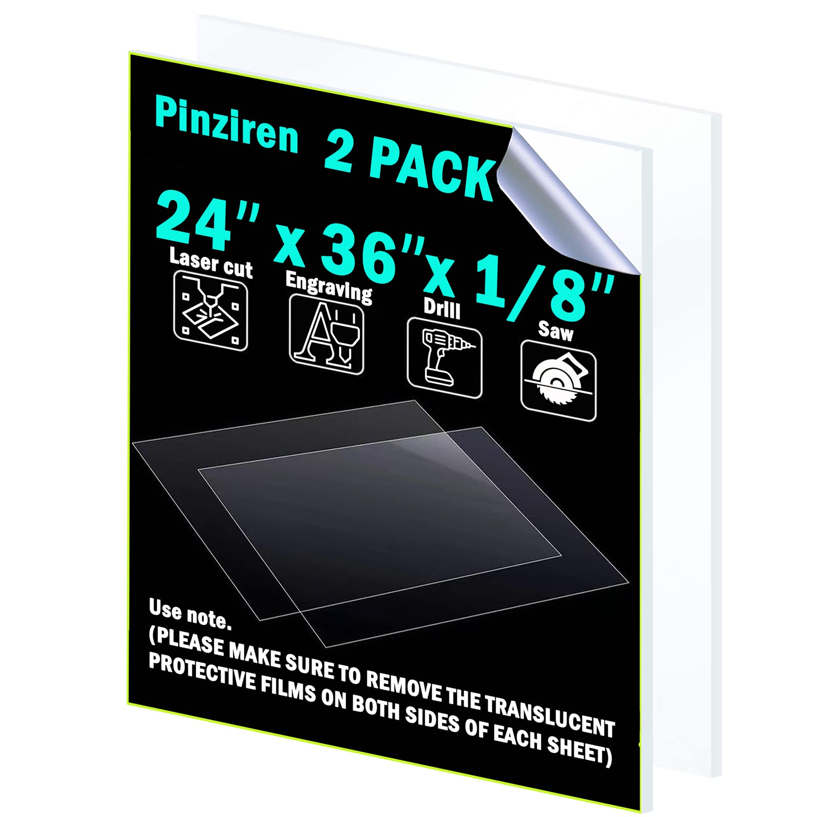 Acrylic Sheet/Plexiglass Panel 24" x 36" x 1/8" Thick Cast 2 Pieces, Pinziren 3mm Large Clear Plexi Glass Plastic Board for Craft Projects, Wedding Blank, Cut to Sign, Table Number,Signage.24x36