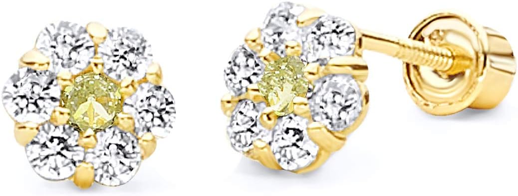 14k Yellow Gold Flower Stud Earrings with Screw Back - 12 Different Color Available