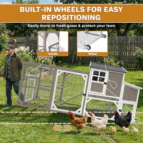 Image of Large 95.3 in Outdoor Chicken Coop with Run & Wheels for 3-6 Chickens | Wooden coop with 3-compartment nesting box, 2 dividers, pull-out tray, UV-resistant roof, predator-resistant wire mesh