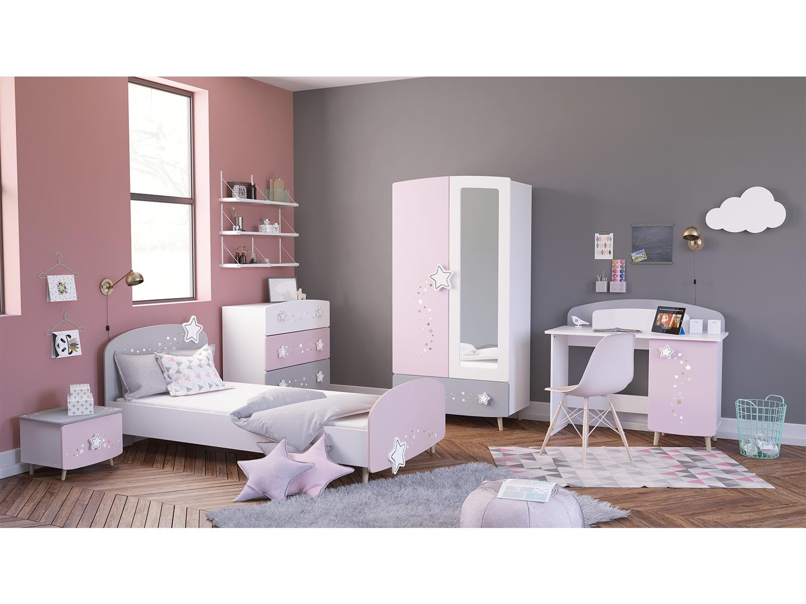 möbelando Prinzessin Kinder Kleiderschrank mit Himmelssternen und Ganzkörperspiegel, 2 Türen, 1 Schubkasten, 2 Kleiderstangen, Massivholzfüße - 89x185x50 cm (B/H/T), Rosa/weiß/grau #einfach zuckersüß