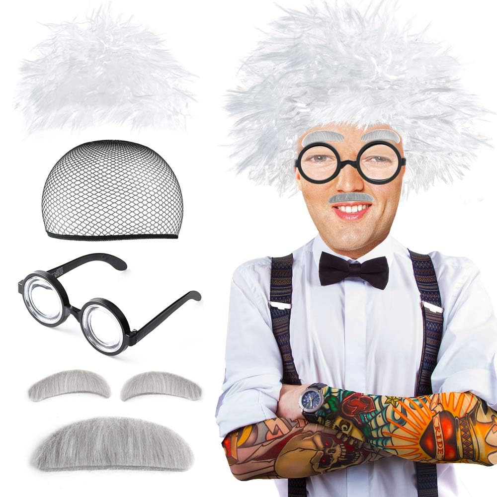 Old Man Mad Scientist Wig Set Albert Einstien Ben Benjamin Franklin Grandpa Costume - Wig Eyebrows Mustache Glasses Dress Up Set, One Size