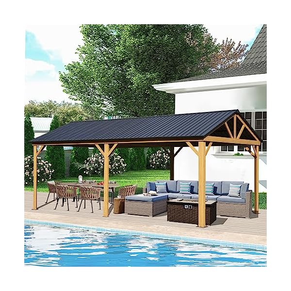 Domi 12 x 20 hardtop gazebo with galvanized steel gable roof pergola with wood looking aluminum frame permanent pavilion outdoor gazebo with ceiling hook for deck patio lawn yard backyard grill  urban country home decor