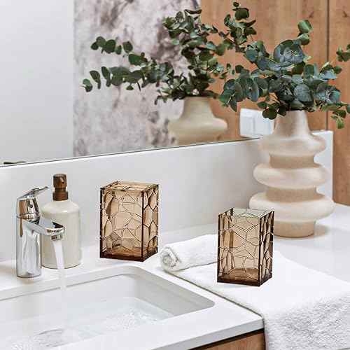 Miniatura 3 de Juego de accesorios de baño de acrílico marrón, juego de 5 accesorios de baño con dispensador de loción, jabonera, vaso, soporte para cepillos de