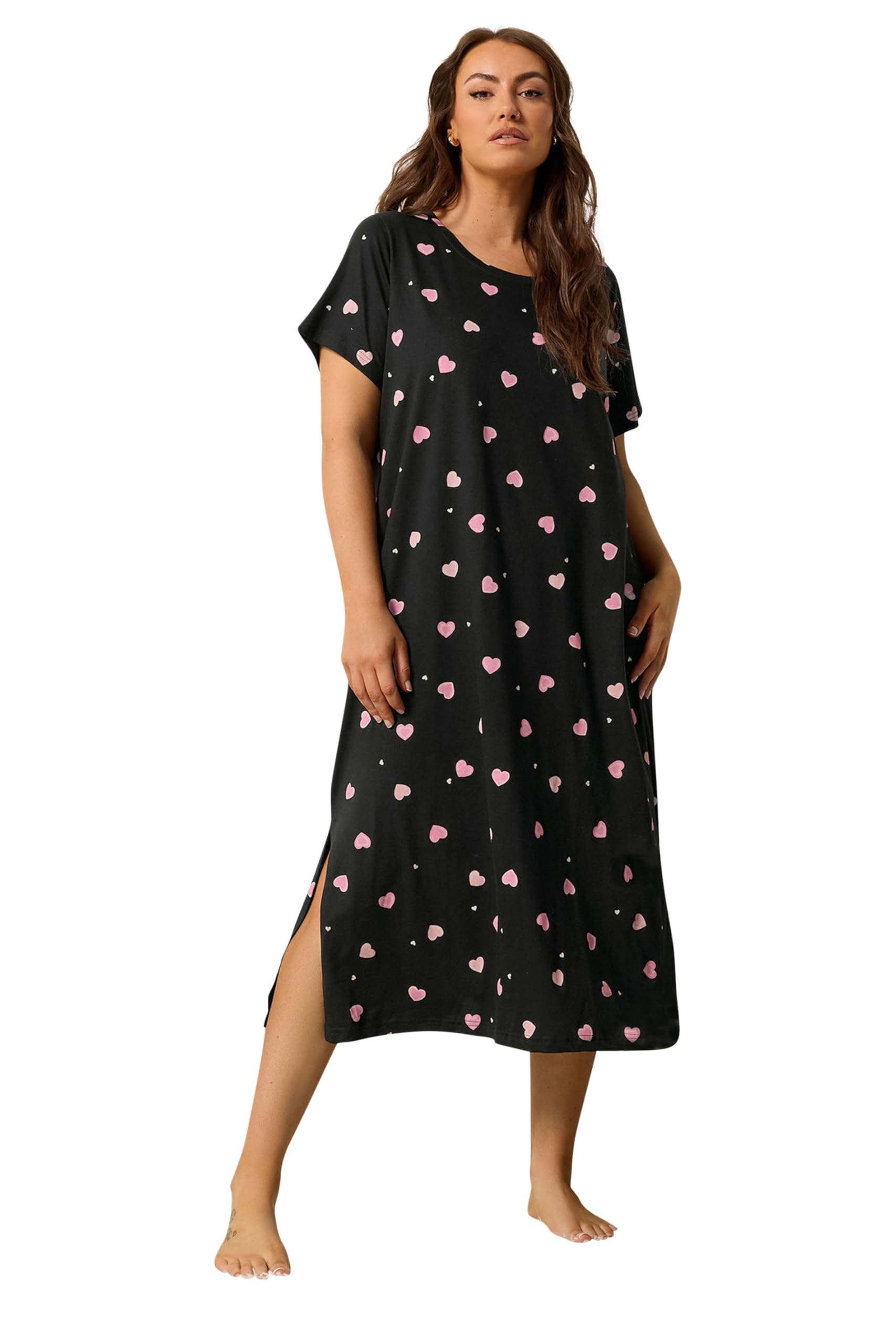 Yours Women's Heart Midaxi Nightdress in Black | Size: 26-28