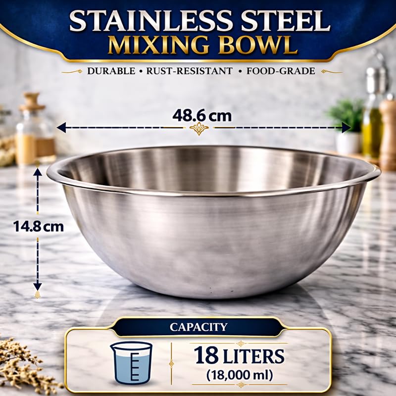 Image of KMW Stainless Steel Mixing Bowl Regular 20 Qt (19.0 litres) | with Comfortable Grip | Stainless Steel Build