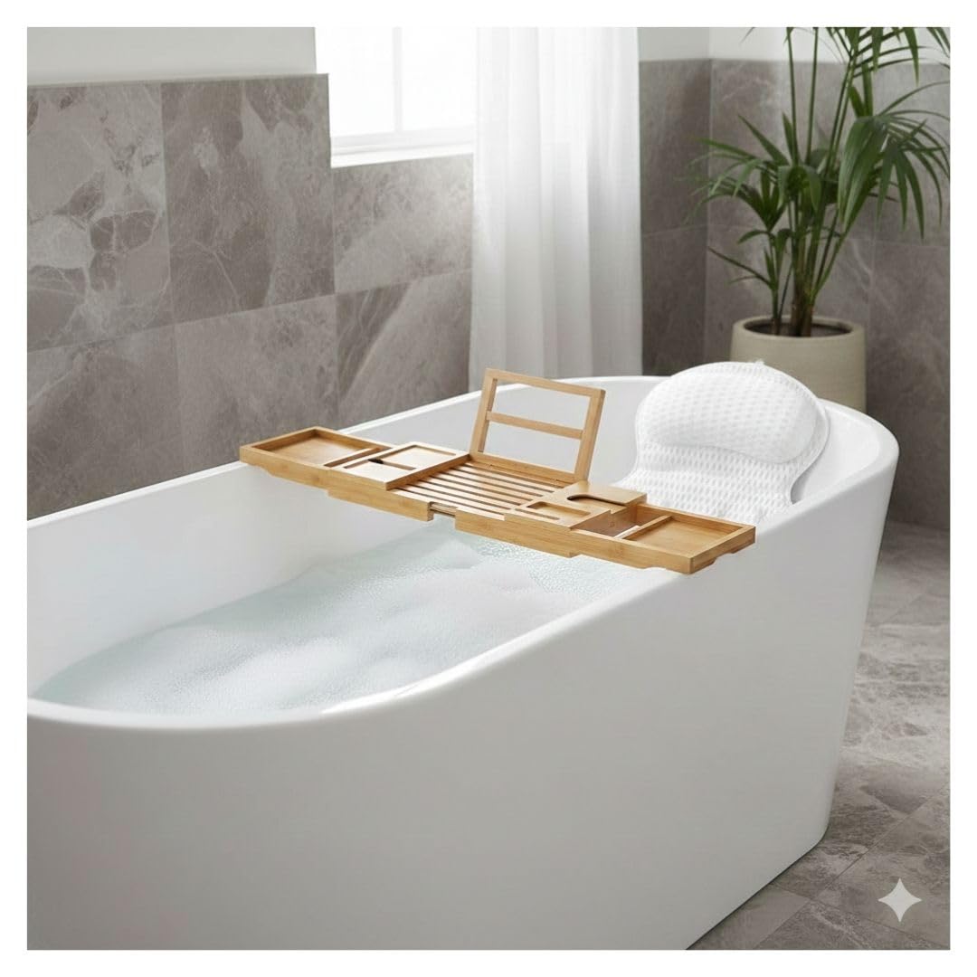 Bamboo Bath Tray & Pillow Set : Adjustable Bathtub Tray - Ergonomic Pillow for Neck and Back - Breathable 4D mesh - Non-Slip Suction Cups -