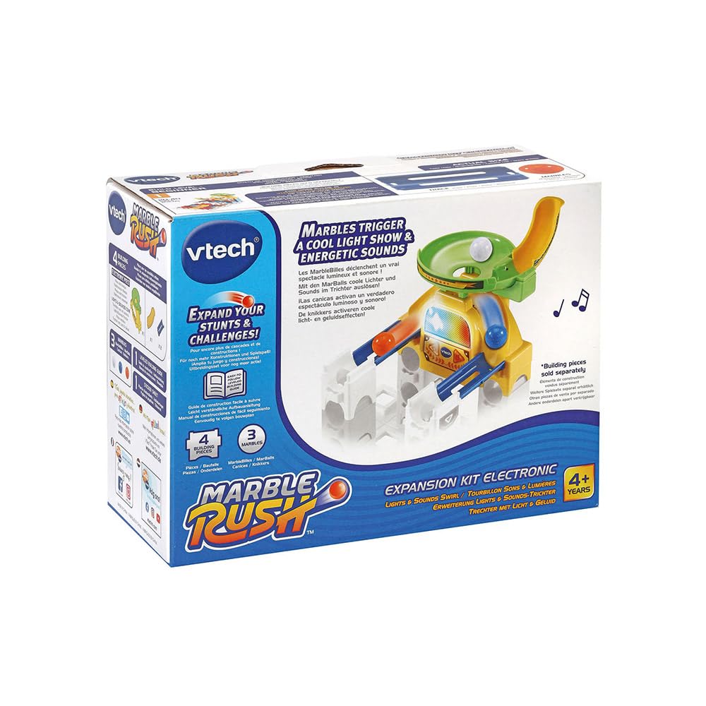 VTech - Marble Rush, Extension Électronique Circuit à Billes Tourbillon Sons et Lumières, Jeu de Construction, 4 Pièces, 3 Billes, Cadeau Enfant Dès 4 Ans - Contenu en Français