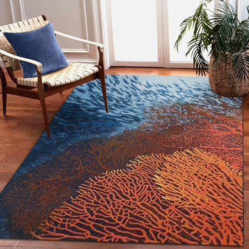 Liora Manne Marina Low Profile Durable Indoor/Outdoor Woven Rug- Coral Ocean 4'10" x 7'6"