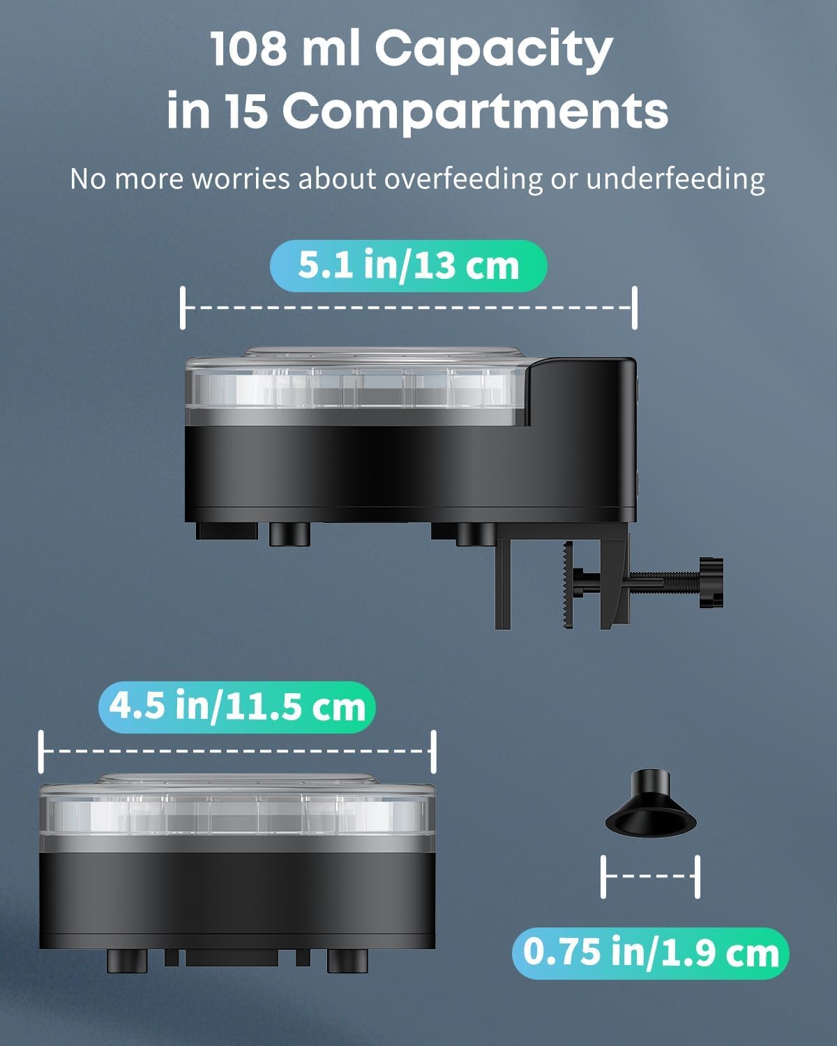 Dimensions of the Pawfly Automatic Fish Feeder: 5.1 inches / 13 cm wide, 4.5 inches / 11.5 cm tall, suction cup 0.75 inches / 1.9 cm