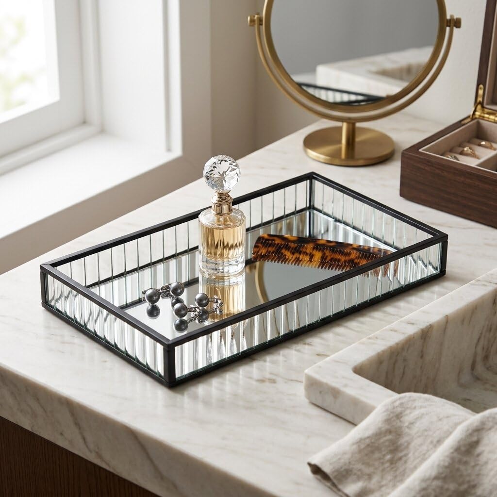 Veldra Gold Square Fluted Glass Tray - Large 11.75" - Square Glass Tray for Living Room, Elegant Gold Finish - by Cheungs