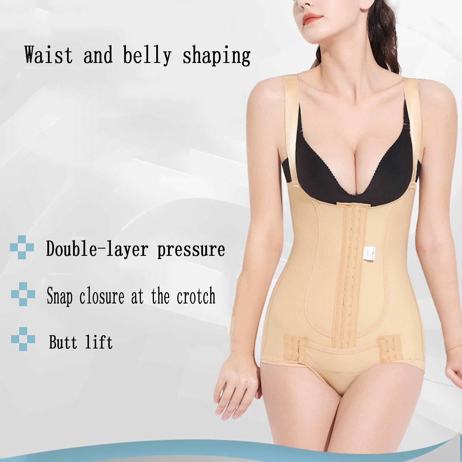 Shapewear Post-liposuccion, Crochets Avant à Plusieurs Rangées, Fermeture Pression l'entrejambe