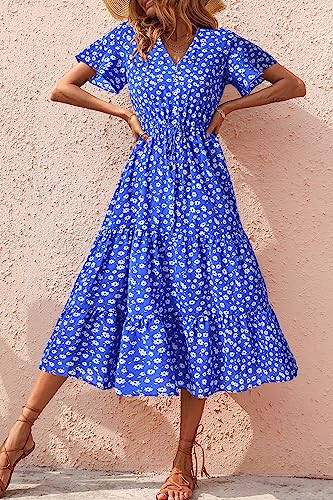 PRETTYGARDEN Summer Floral Dress for Women 2025 Casual Boho Short Sleeve Maxi Dresses V Neck Tiered Flowy Beach Sundress