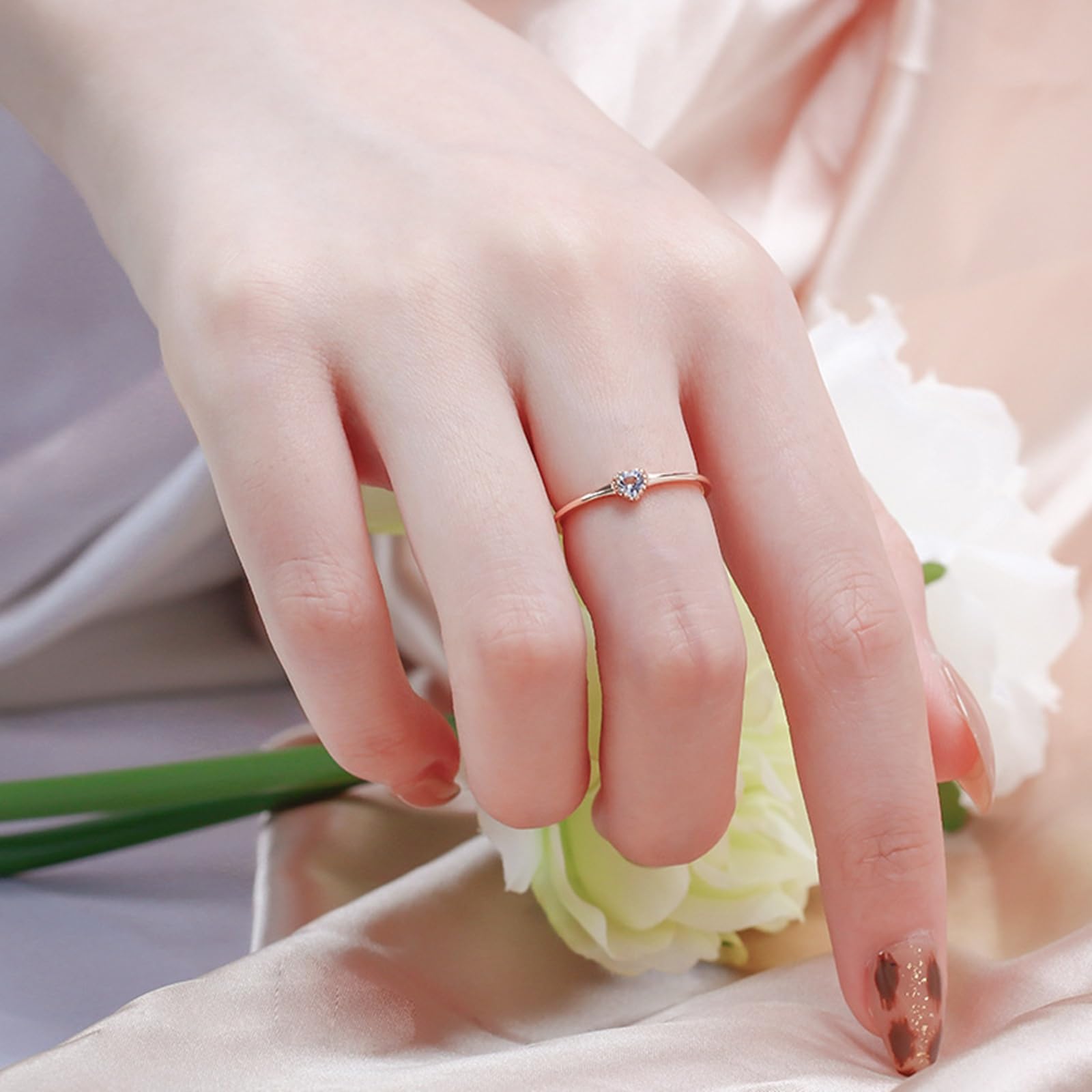 Anillo apilable fino de oro de 9 K/14 K/18 K, para mujer, corazón aguamarina, aguamarina, oro auténtico