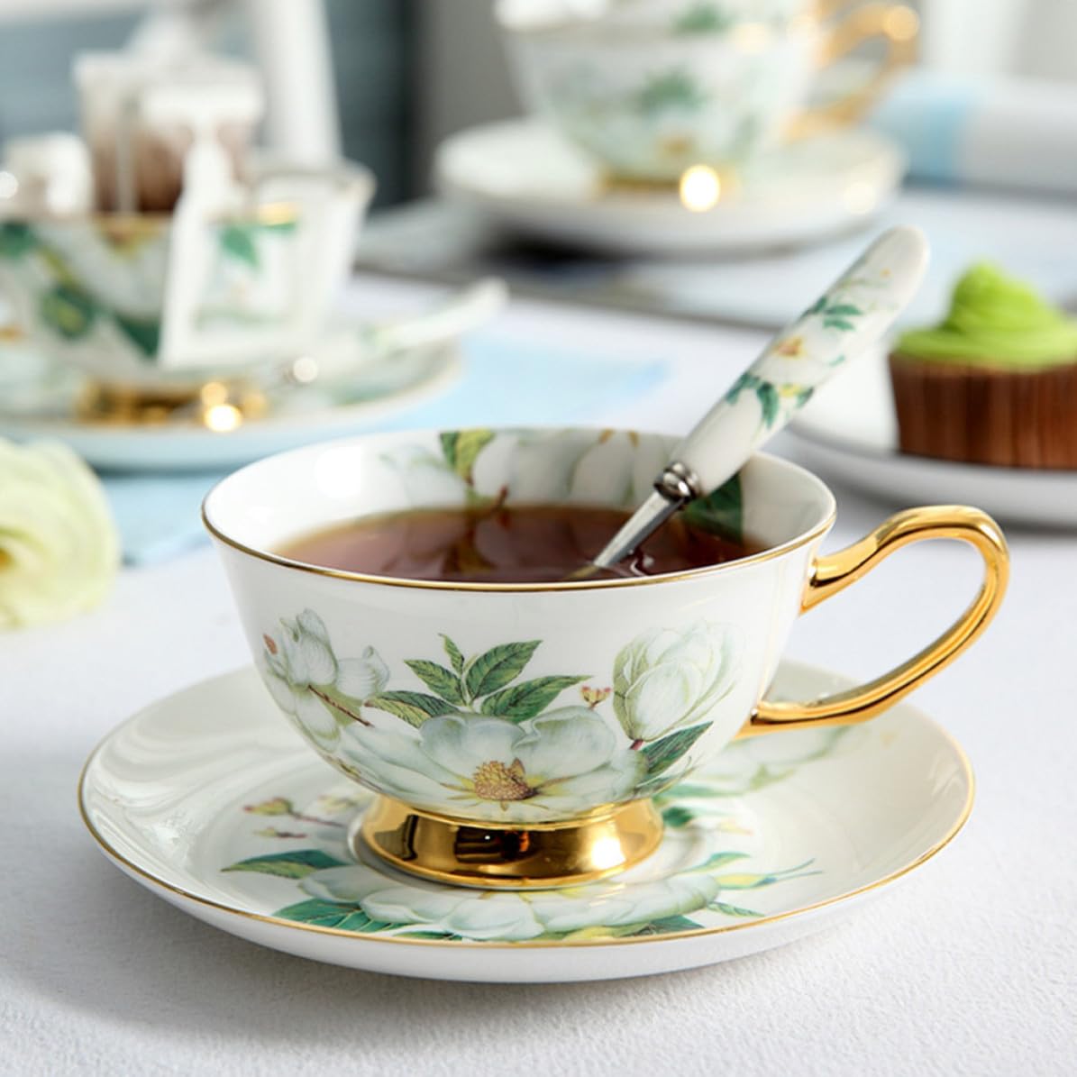 VOSAREA Juego de Taza y Platillo de Cerámica Soporte, 1 Set | Taza, Plato y Cuchara Incluidos, Diseño Ergonómico, Fácil Limpieza, Uso Prolongado