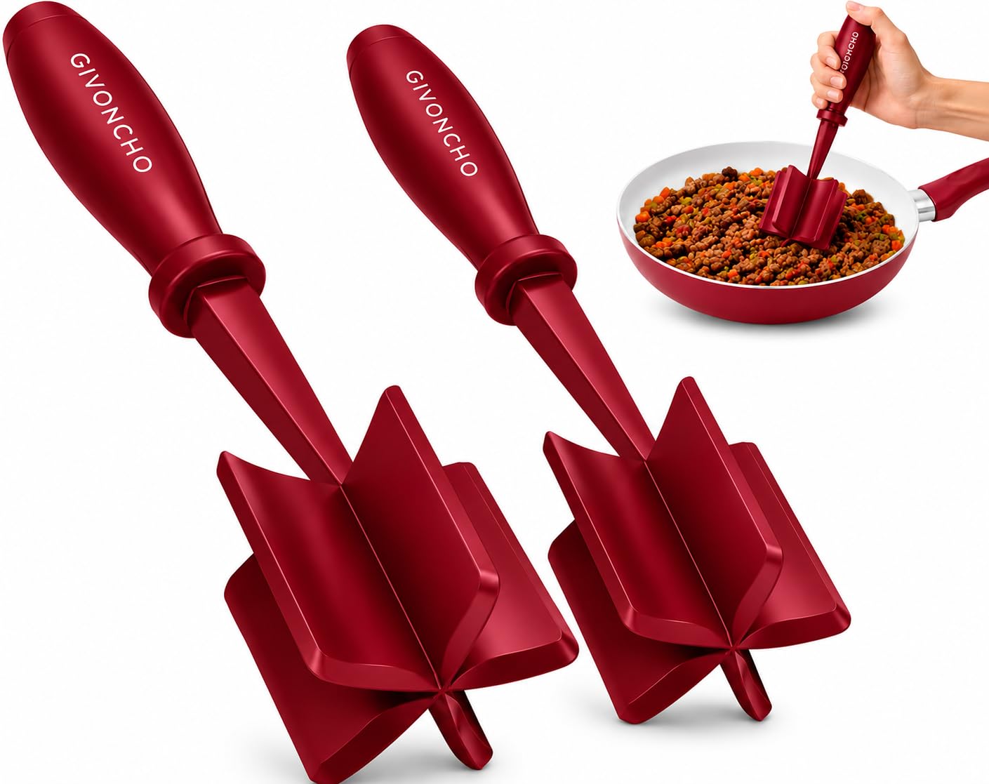 Meat Chopper & Masher, Heat-Resistant Nylon Ground Meat Breaker, Nonstick-Safe Hamburger Chopper Tool for Beef, Ergonomic Handle Kitchen Utensil (2, Red)